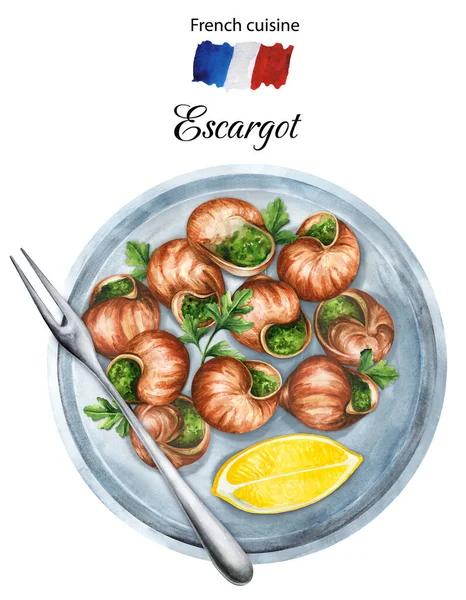 Французская Кухня Escargot Чесноком Травы Масло Белой Тарелке Подается Лимоном — стоковое фото