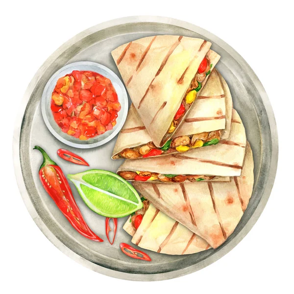 チーズ サルサとメキシコのケサディーヤ メキシコ料理のコンセプト メキシコ料理の水彩画 レストラン メニュー 料理本に適しています — ストック写真