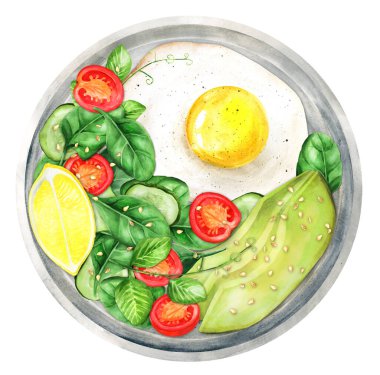 Healthy Breakfast. Fried eggs with salad and avocado on a plate. Top view. Watercolor hand drawn illustration. Suitable for menu, cookbook and restaurant