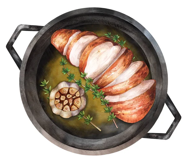 Chicken Sliced Breast Fillet Garlic Frying Pan Top View Watercolor — Photo