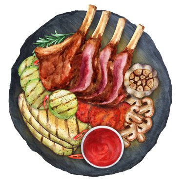 Fried lamb veal chops with grilled vegetables and sauce on a stone plate. Top view. Watercolor hand drawn illustration. Suitable for menu, cookbook and restaurant