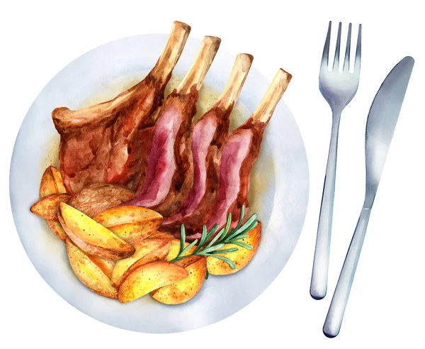 Roasted Lamb Meat Rib Chop Steaks Potato Rosemary Plate Hand — Photo