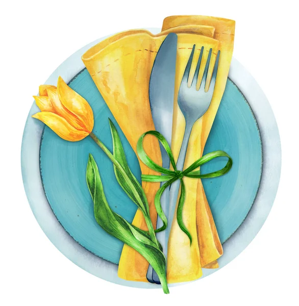 Spring Table Settings Yellow Tulip Cutlery Restaurant Menu Template Holiday — ストック写真