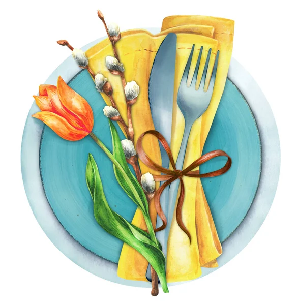 Spring Table Settings Fresh Tulips Restaurant Menu Template Holiday Celebration — ストック写真