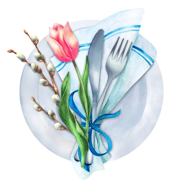 Spring Table Settings Fresh Tulip Willow Branch Restaurant Menu Template — ストック写真