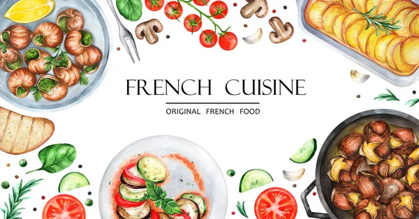 Banner  French cuisine. Set of  French dishes. Food and snack menu design template. Hand-drawn watercolor illustration. Suitable for menu, cookbook and restaurant