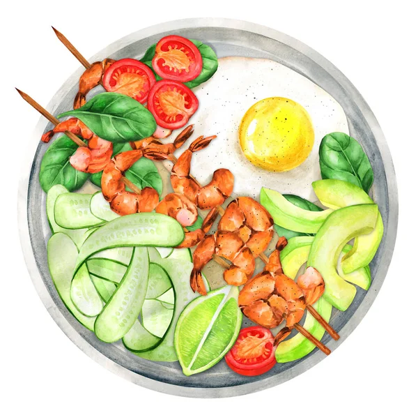 Ketojenik Diyet Kahvaltı Karidesleri Yağda Yumurta Ispanak Domates Salatalık Avokado — Stok fotoğraf