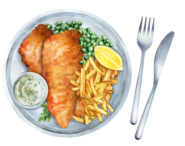 British traditional fish and chips with peas and sauce on a plate, served with lemon. Watercolor hand drawn illustration. Suitable for menu, cookbook and restaurant