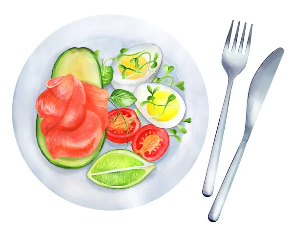Ceto Dieta Salmão Abacate Com Ovos Limão Comida Saudável Watercolor — Fotografia de Stock