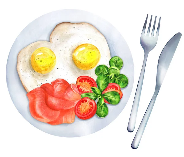 Healthy breakfast with fried eggs and salmon in a plate. Delicious breakfast. Top view. Watercolor hand drawn illustration. Suitable for menu and cookbook