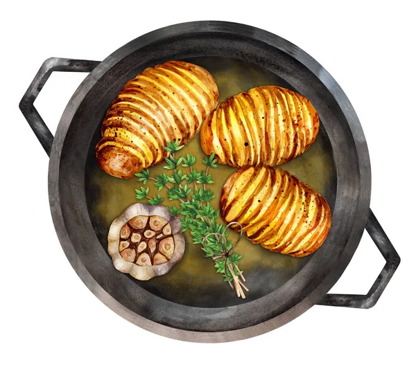 Ψημένο Hasselback Πατάτες Σκόρδο Και Θυμάρι Ένα Τηγάνι Σουηδικές Ψητές — Φωτογραφία Αρχείου