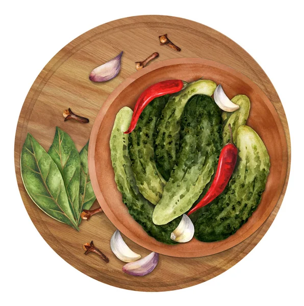 Cetrioli Leggermente Salati Fatti Casa Con Peperoni Aglio Illustrazione Acquerello — Foto Stock