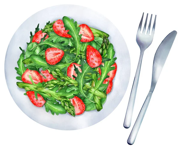 Salad Strawberries Arugula Asparagus Plate Healthy Food Concepts Top View — Stock Photo, Image