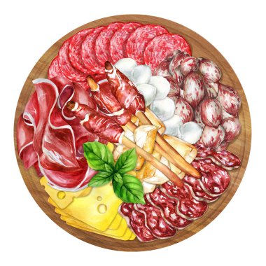 Antipasto of cold meat and grissini bread sticks on wooden background. Traditional Italian appetizers. Hand-drawn watercolor illustration. Suitable for menus, cookbook and  restaurant