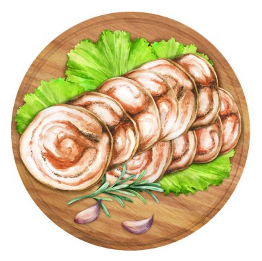 Pancetta sosisi dilimlenmiş, otlarla birlikte. İtalyan aperatifleri. El yapımı suluboya çizimi. Menüler, yemek kitabı ve restoran için uygun