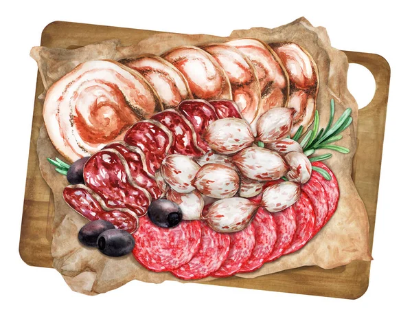 Embarque Com Várias Salsichas Iguarias Carne Aperitivos Italianos Tradicionais Ilustração — Fotografia de Stock