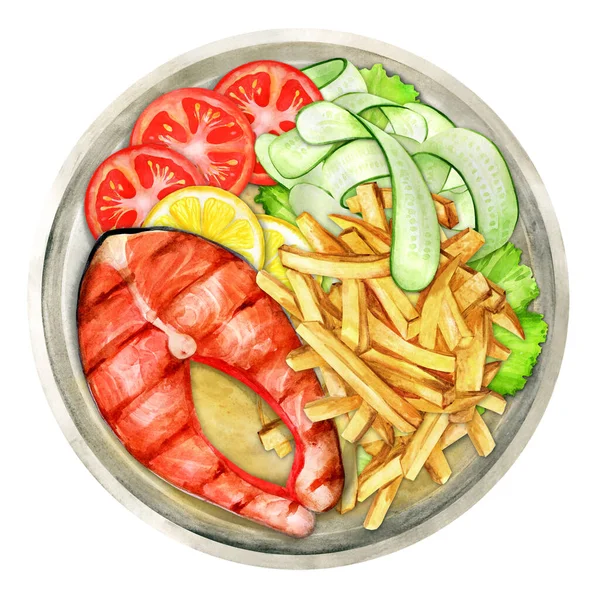 Grilled Salmon Vegetables French Fries Plate Top View Watercolor Hand — Stock Photo, Image