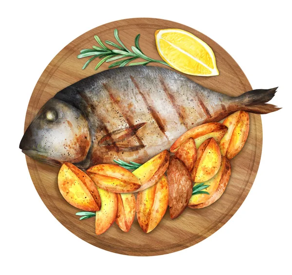 Gebratener Fisch Und Kartoffeln Auf Einem Holzblech Mit Zitrone Serviert — Stockfoto