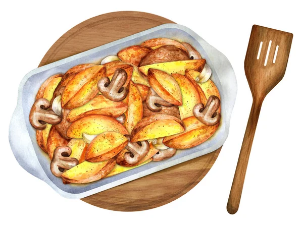 Batatas Cozidas Forno Saborosas Cogumelos Uma Assadeira Vista Superior Watercolor — Fotografia de Stock