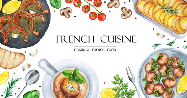 Banner  French cuisine, copy space. Set of  French dishes. Food and snack menu design template. Hand-drawn watercolor illustration. Suitable for menus, cookbook and restaurant