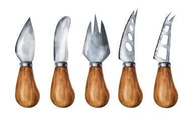 Beyaz arka planda izole edilmiş ahşap saplı peynir bıçakları. Mutfak ya da restoran aletleri. Mutfak, restoran menüsü veya grafik tasarımı için elle çizilmiş suluboya çizimi