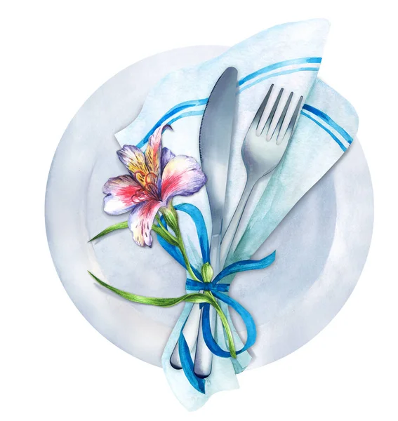 白の背景に新鮮なAlstroemeriaと春のテーブル 銀ナイフとフォークや装飾 レストランメニューテンプレート 最上階だ 水彩画 — ストック写真
