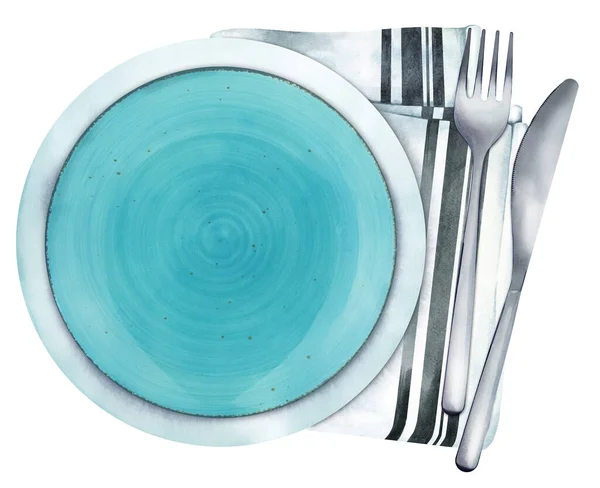 用叉子 刀片和餐巾在白色背景上以最小的风格布置餐桌 餐厅菜单模板 顶部视图 水彩画手绘插图 — 图库照片
