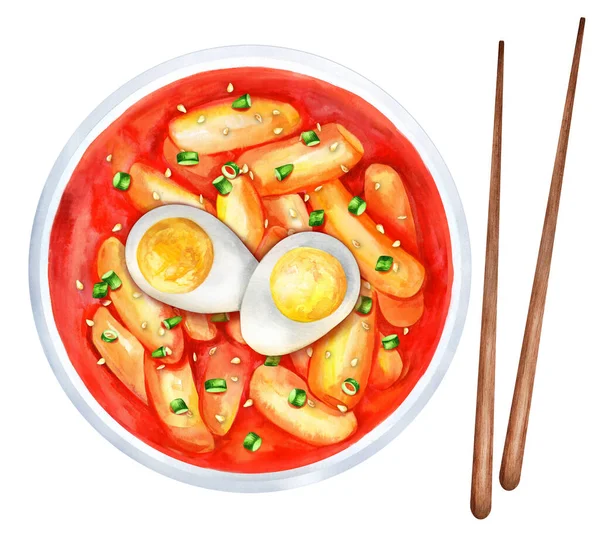 Tteokbokki with eggs. Tteok-bokki is a korean cuisine dish with rice cakes. Asian food. Hand-drawn watercolor illustration. Suitable for menus, restaurant, cookbook and recipe