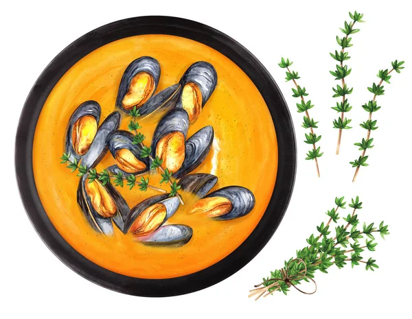 黒皿の上にムール貝とクリーミーなカボチャのスープ 手描きの水彩イラスト メニュー レストラン 料理本 レシピに適しています — ストック写真