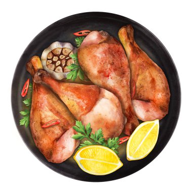 Kızarmış baharatlı tavuk bacağı, limon ve siyah tabakta otlarla servis ediliyor. El yapımı suluboya çizimi. Menüler, restoran, yemek kitabı ve yemek tarifi için elverişli