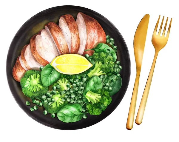 Egészséges Evőtál Zöld Zöldségekkel Sült Csirkével Egészséges Evés Kézzel Rajzolt — Stock Fotó