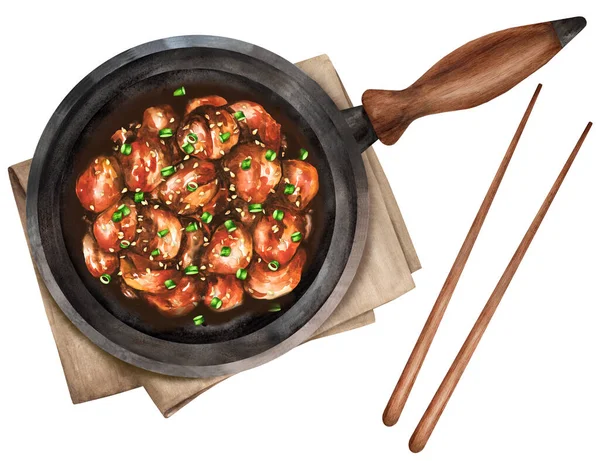 太极鸡在铸铁锅中油炸 亚洲食物 手绘水彩画 适用于菜单 食谱及食谱 — 图库照片