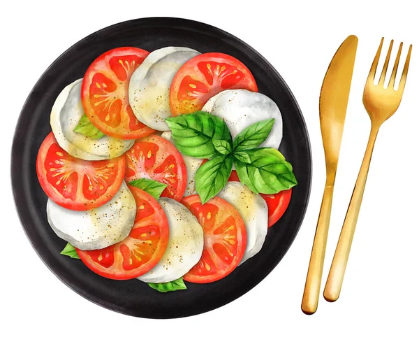 Italienischer Caprese Salat Mit Geschnittenen Tomaten Mozzarella Und Basilikum Auf — Stockfoto