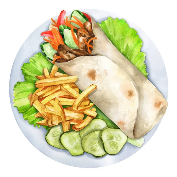 美味的沙瓦玛和薯条放在白盘上 顶部视图 水彩画手绘插图 适用于菜单 菜谱及餐厅 — 图库照片