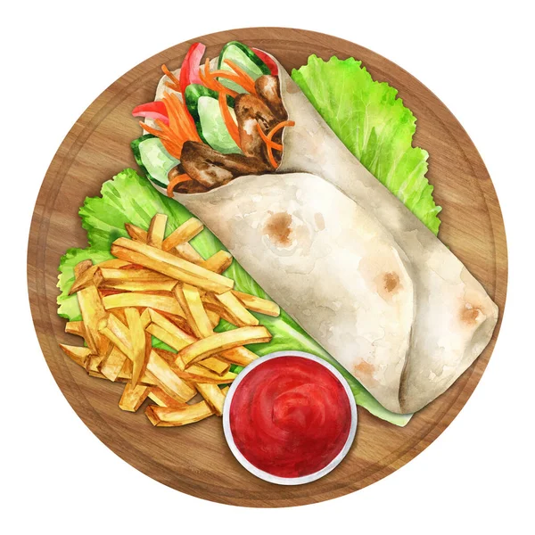 沙华玛鸡肉三明治配上薯条和番茄酱 顶部视图 水彩画手绘插图 适用于菜单 菜谱及餐厅 — 图库照片