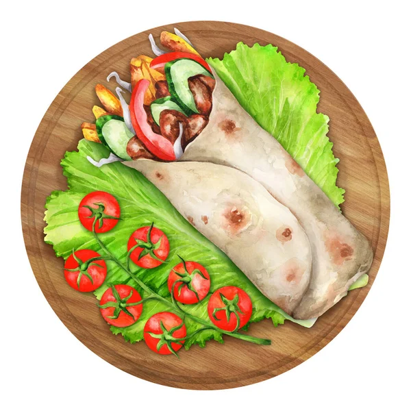 Shawarma Con Carne Verdure Una Tavola Legno Vista Dall Alto — Foto Stock
