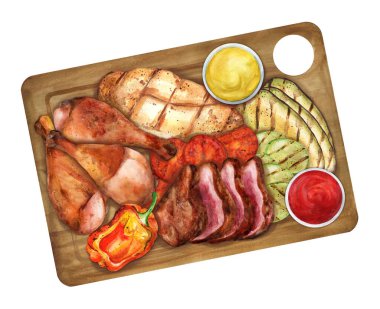 Ahşap bir tahtada ızgara yapılmış çeşitli et ve sebzeler. Üst Manzara. Suluboya el çizimi çizimi. Menü, yemek kitabı ve restoran için uygun