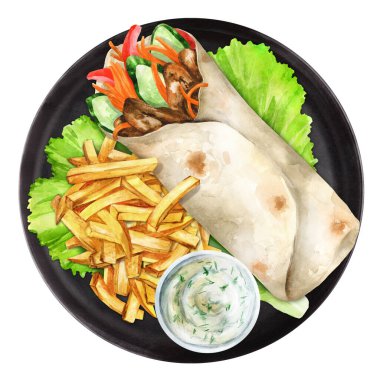 Siyah tabakta soslu Shawarma ve patates kızartması. Üst Manzara. Suluboya el çizimi çizimi. Menü, yemek kitabı, tarif ve restoran için elverişli
