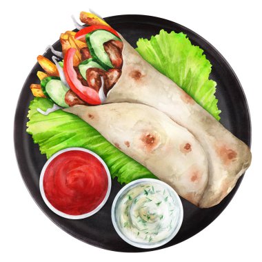 Shawarma ya da siyah tabakta soslu çörek kebabı. Üst Manzara. Suluboya el çizimi çizimi. Menü, yemek kitabı, tarif ve restoran için elverişli