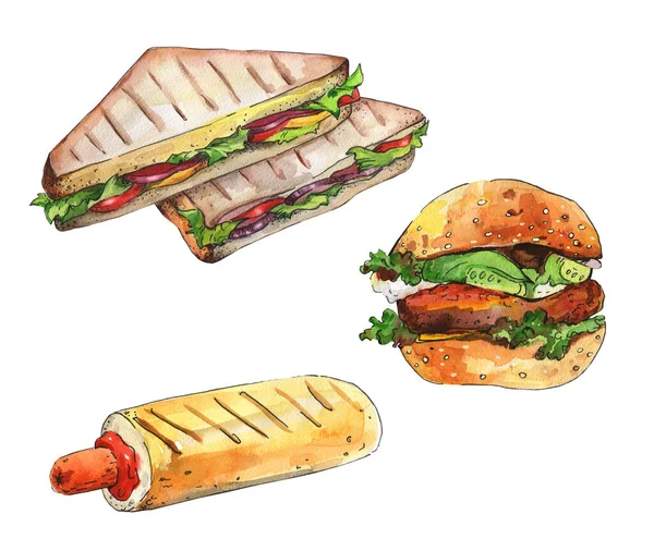 ファーストフードを用意しろ 白い隔離された背景のサンドイッチ ホットドッグ バーガー 水彩手描きイラスト メニュー 料理本 レシピ レストランに適しています — ストック写真