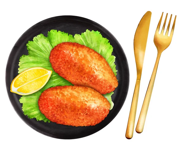 Chicken Kiev Cutlet Lettuce Lemon Slice Plate Ukrainian Cuisine Watercolor — Stock Photo, Image