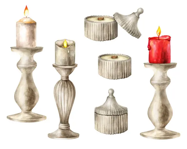 stock image Set of vintage candle holders with burning candle on white isolated background. Interior decor, indoor plant. Watercolor hand drawn illustration