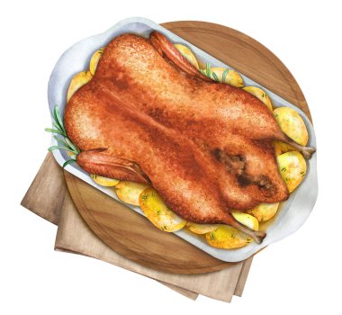 Fırında patates ve biberiyeli Noel ördeği. Üst Manzara. Suluboya el çizimi çizimi. Menü, restoran ve yemek kitabı için uygun.