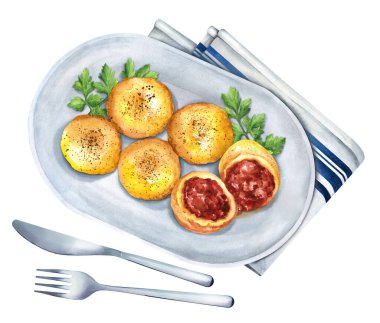 Kıymalı patatesli börek. Suluboya el çizimi çizimi. Menü, tarif, yemek kitabı ve restoran için uygun. Üst görünüm