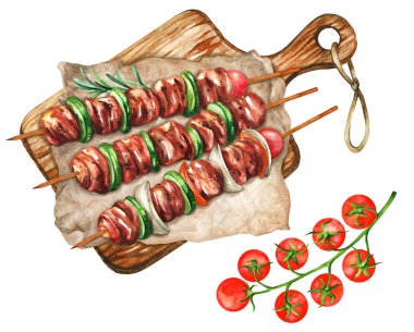 Chicken kebab skewers with tomatoes and onion on rustic wooden background. Top view. Watercolor hand drawn illustration. Suitable for menu, cookbook and restaurant