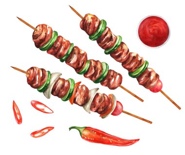 Kebabs - grilled meat skewers and vegetables isolated on white background. Watercolor hand drawn illustration. Suitable for menus, cookbook and restaurant