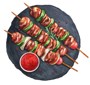Turkey or chicken kebab with sauce on a dark background. Top view. Watercolor hand drawn illustration. Suitable for menu, cookbook and restaurant