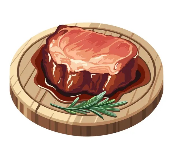 stock vector Juicy meat steak with rosemary on wooden board. Roast meat, grill food, barbecue. Vector illustration in eps 10. Suitable for menu, recipe and cookbook 