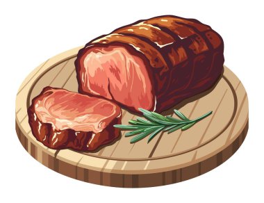 Ahşap tahtada biberiyeli biftek. Kızarmış et, ızgara yemek, barbekü. 10 saniye içinde vektör illüstrasyonu. Menü, tarif ve yemek kitabı için uygun 