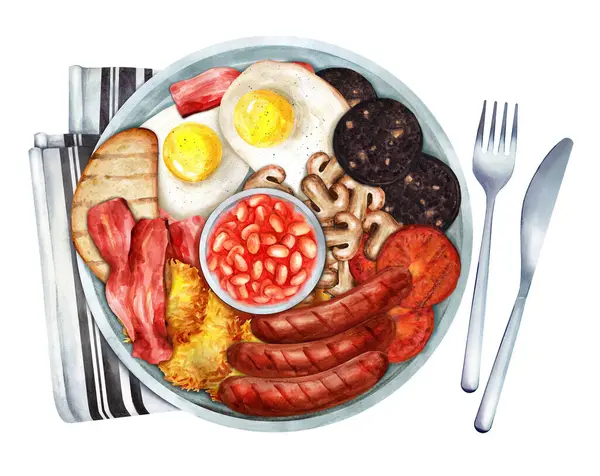 English breakfast with fried eggs, sausage, bacon, black pudding, beans and toast. Traditional English food. Hand drawn watercolor illustration. Suitable for menus, cookbook and restaurant
